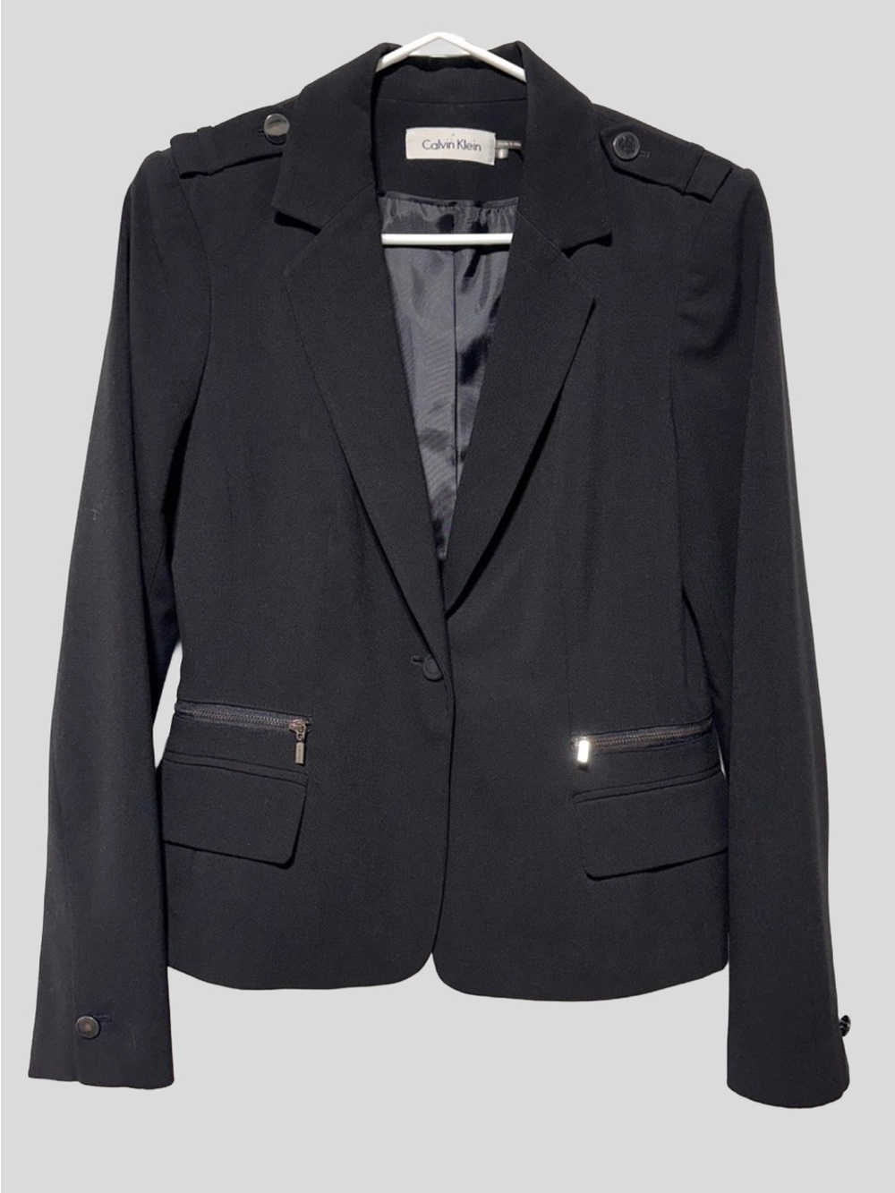 CALVIN KLEIN Black Cropped Zip Pocket Military Blazer Quiet Luxury